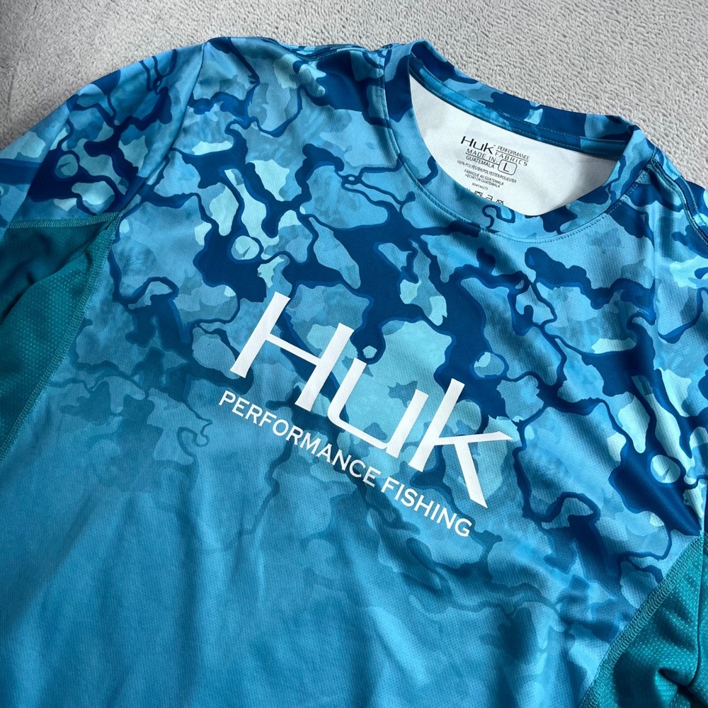 Huk Performance Fishing Mens Large Blue Camo Long Sleeve Shirt Mesh Sides